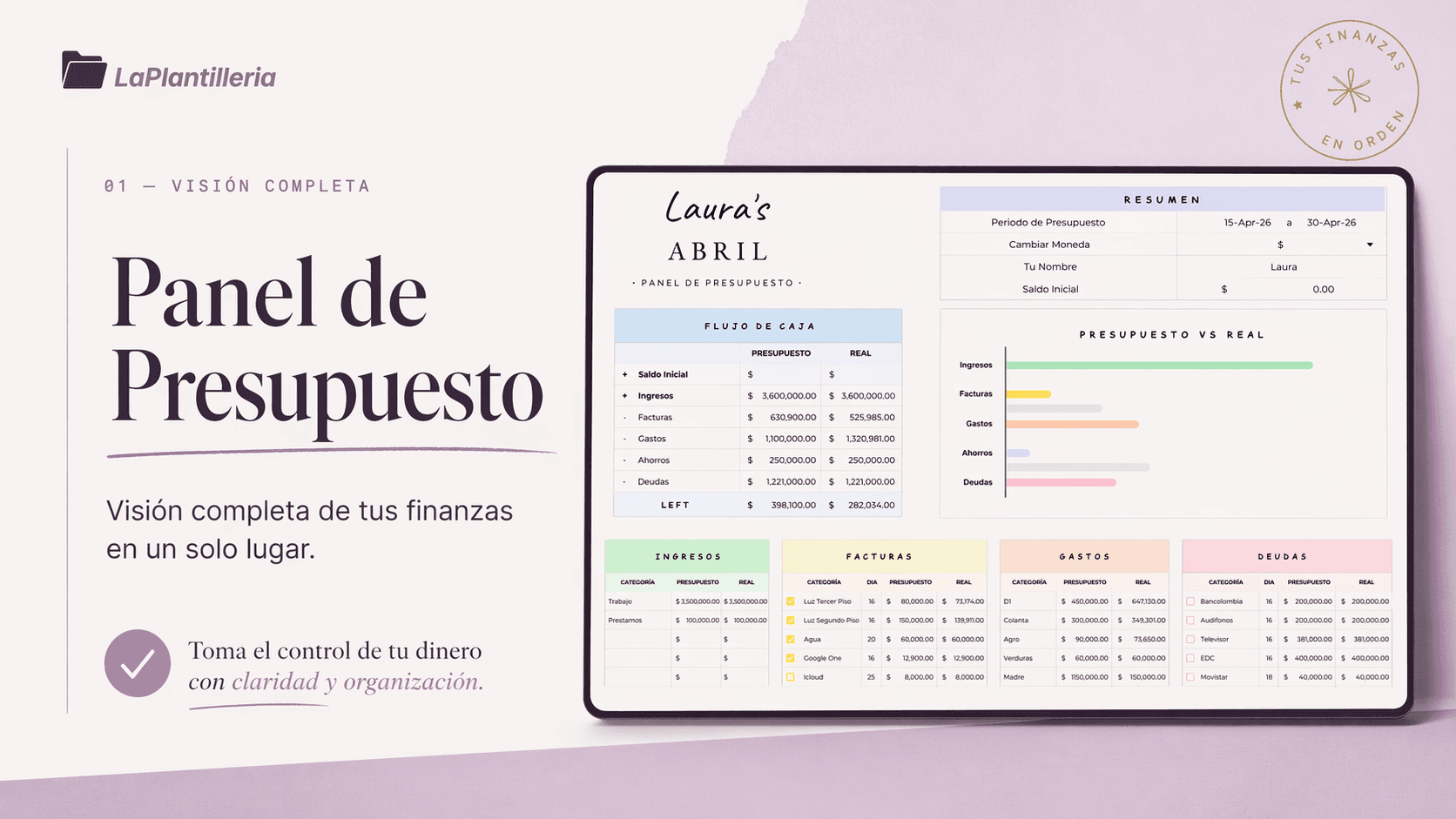 Panel de presupuesto con flujo de caja, resumen, gráfico presupuesto vs real y tablas de ingresos, facturas, gastos y deudas