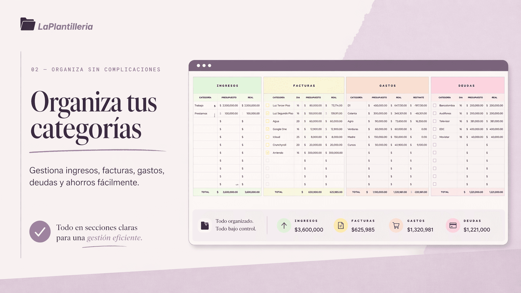 Tablas organizadas por categoría: ingresos, facturas, gastos y deudas con totales automáticos