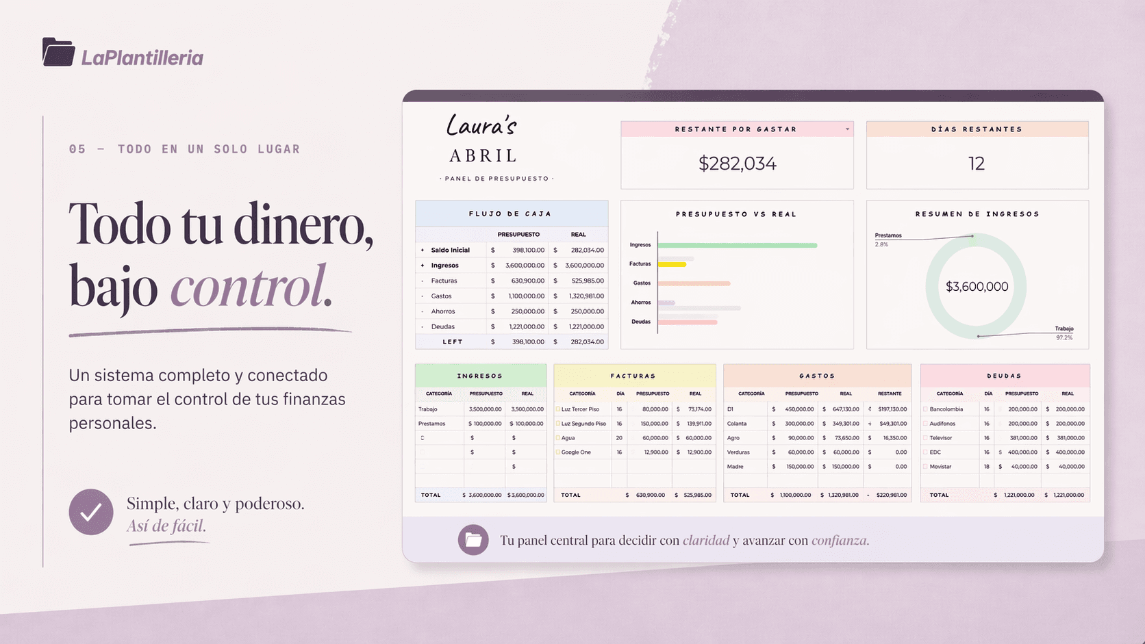Panel central que integra flujo de caja, gráficos, resumen de ingresos y tablas por categoría